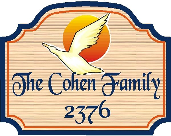 I18520 - Carved 2.5-D Resident Name and Address Sign, with Canadian Goose in Flight, Setting Sun, and Sandblasted Wood Grain Background 