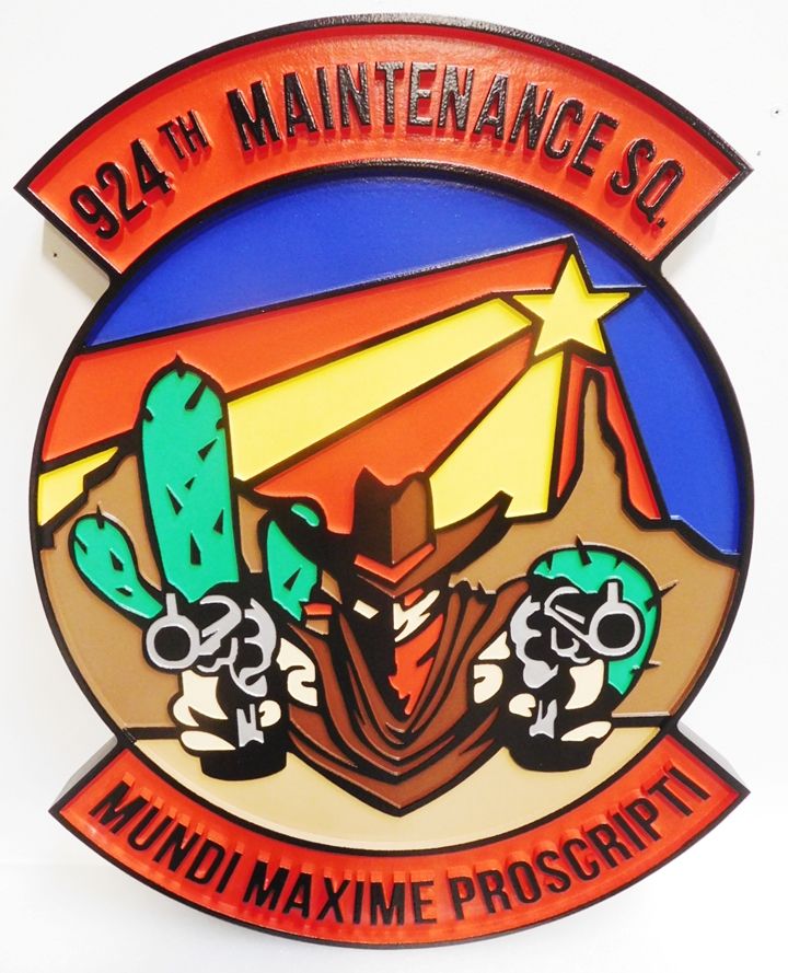 LP-7152 - Carved Round Crest of the 924th Maintenance Squadron, Artist-Painted with Bandit and Saguaro Cactus as Artwork