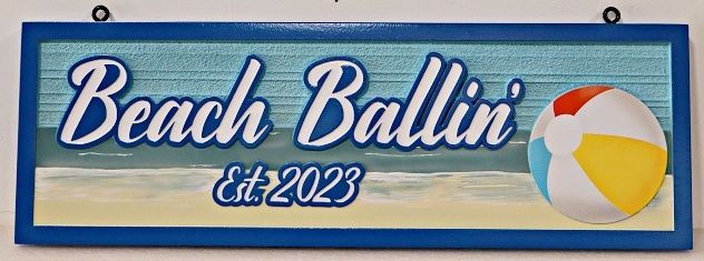 L21081A - Carved and Sandblasted Beach House Sign "Beach Ballin'" with Beach Ball and Beach Scene Artwork
