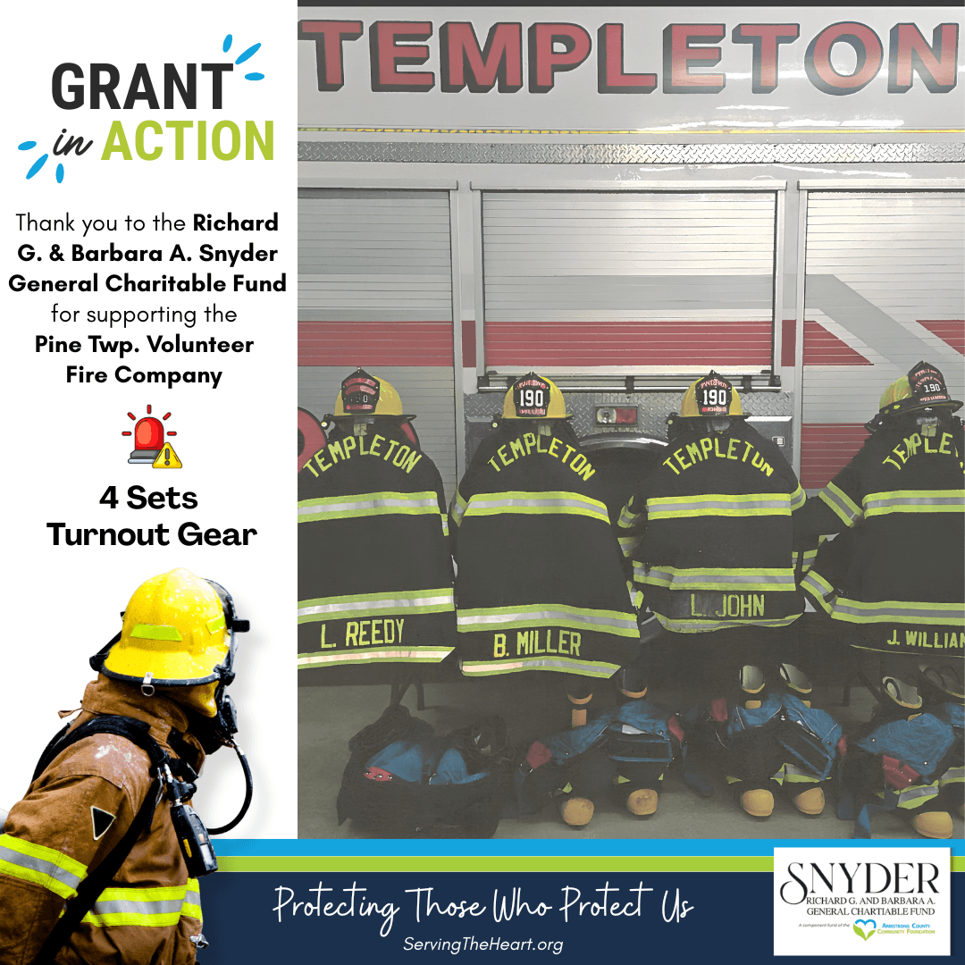 New firefighter turnout gear including protective jackets, helmets, and boots purchased through a grant from the Richard G. & Barbara A. Snyder General Charitable Fund for the Pine Township Volunteer Fire Company.