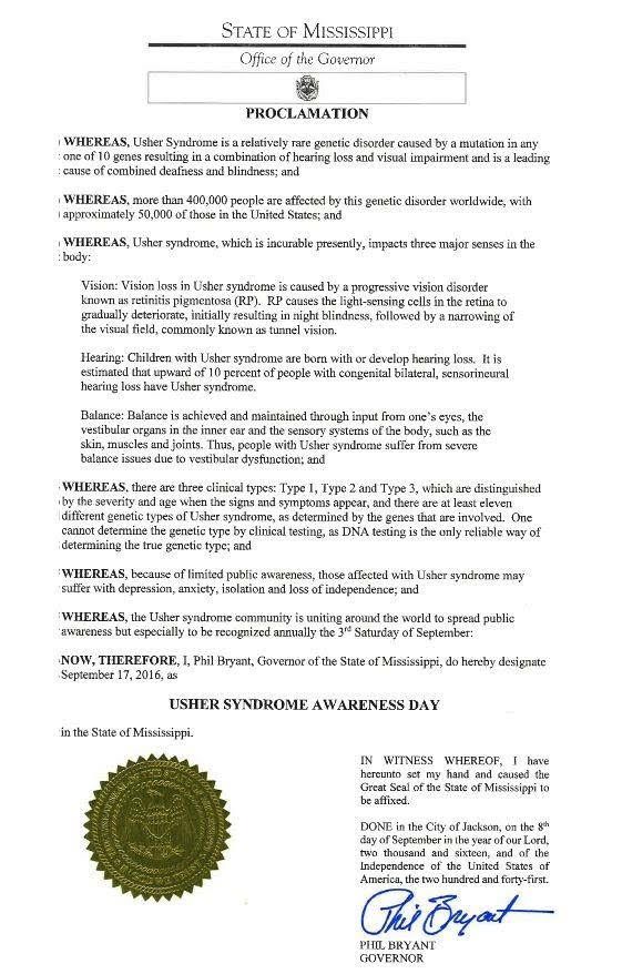 State of Mississippi Proclamation, USH Awareness Day
