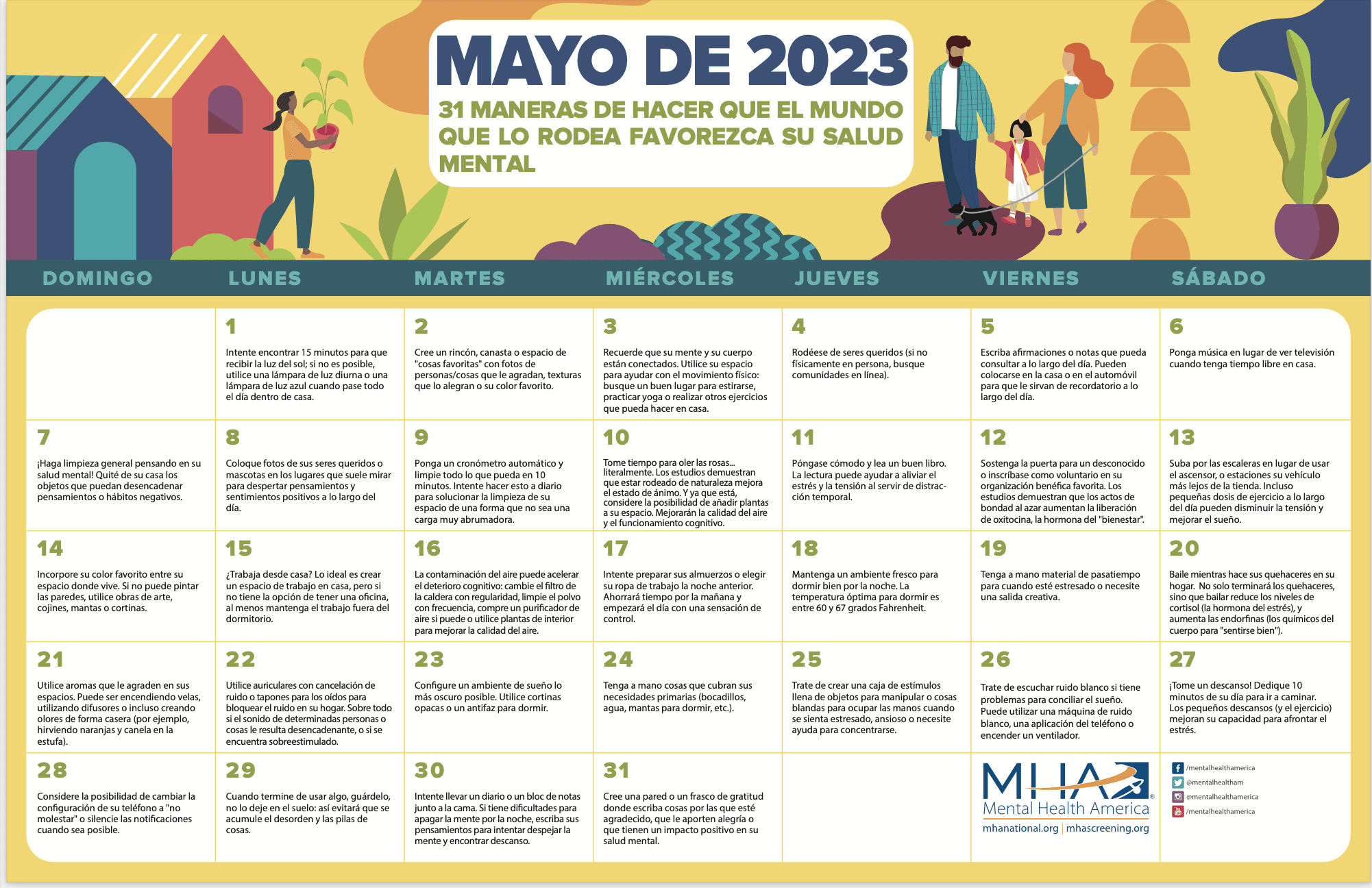 Mental Health America's Awareness Calendar in Spanish