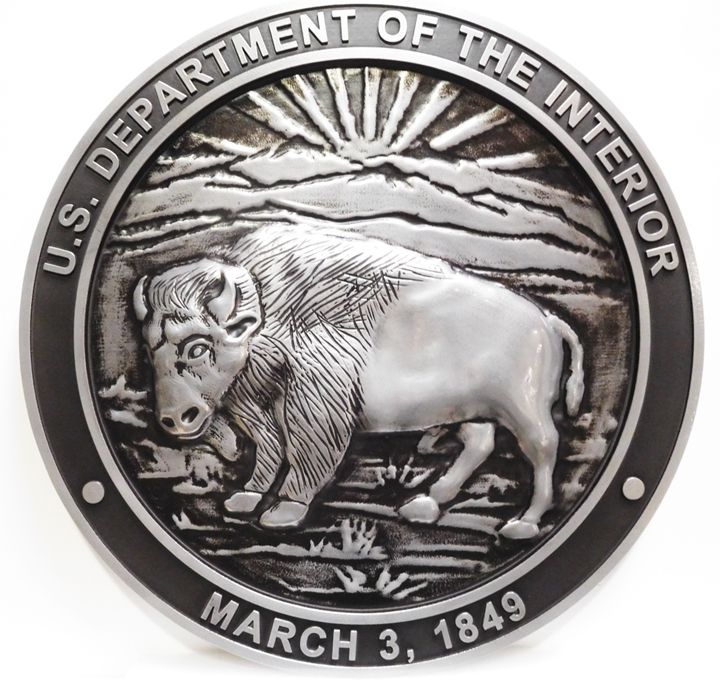 G16061- Carved Wall Plaque of the Seal for the Department of Interior, 3-D, Aluminum-Plated, with Buffalo 