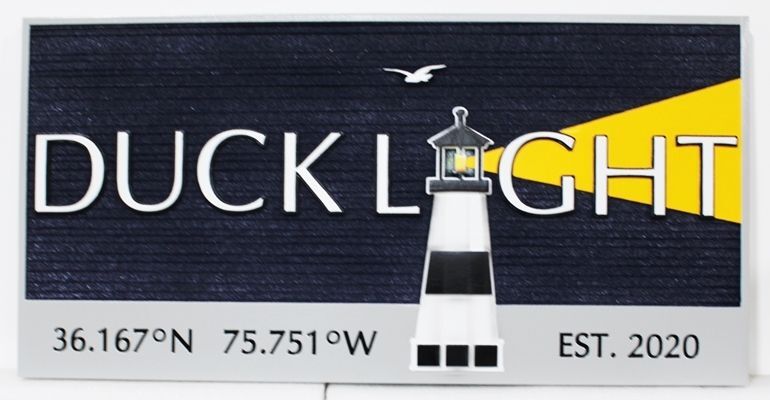 L21446  -  Carved and Sandblasted  Coastal Home Sign, "Duck Light” , featuring a Lighthouse with its Beacon at Night