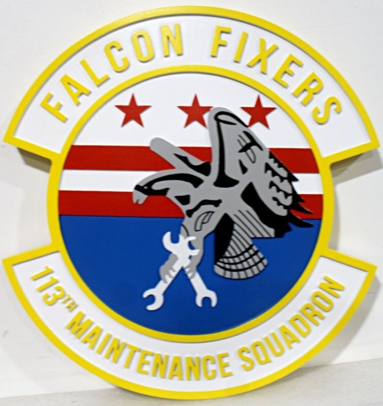LP-7154 - Carved Wall Plaque of the Crest of the  Air Force's 113th Maintenance Squadron “Falcon Fixers” Emblem Plaque