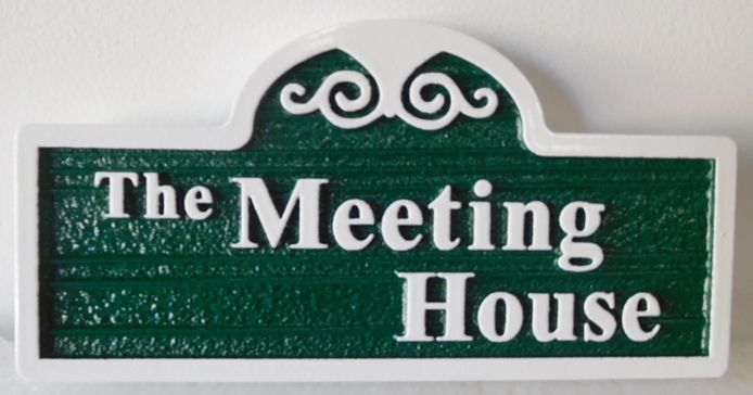 FA15591 - Carved and Sandblasted Wood Grain Identification Sign "The Meeting House"