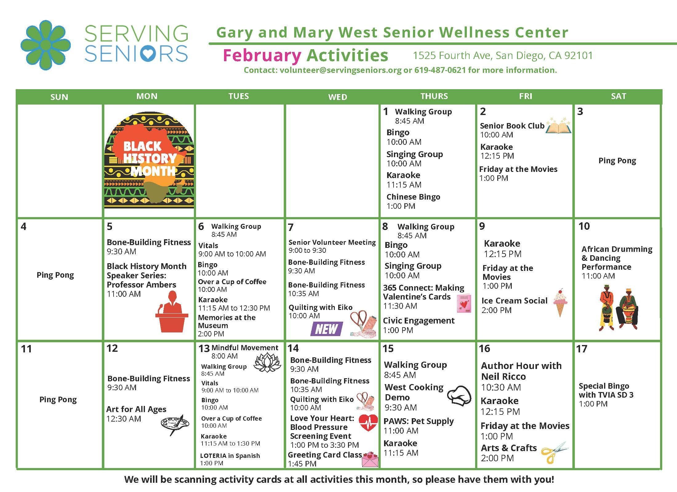 Click to download the Gary and Mary West Senior Wellness Center February Activities Calendar