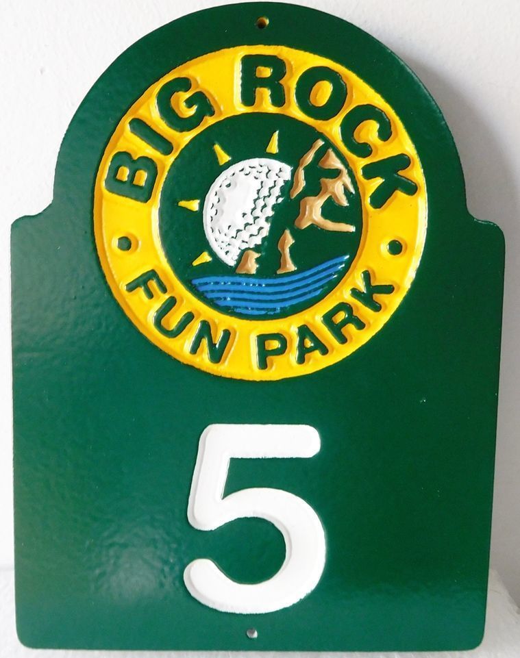 M9145 -Engraved Green & Yellow  Color-Core High-Density Polyethylene (HDPE) Big Rock Miniature Golf Tee Sign,  with Multi-Color Epoxy Resin Filled Areas