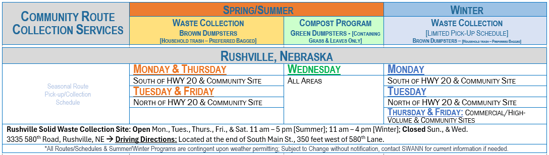 Rushville NE Route Collection Schedule Listing