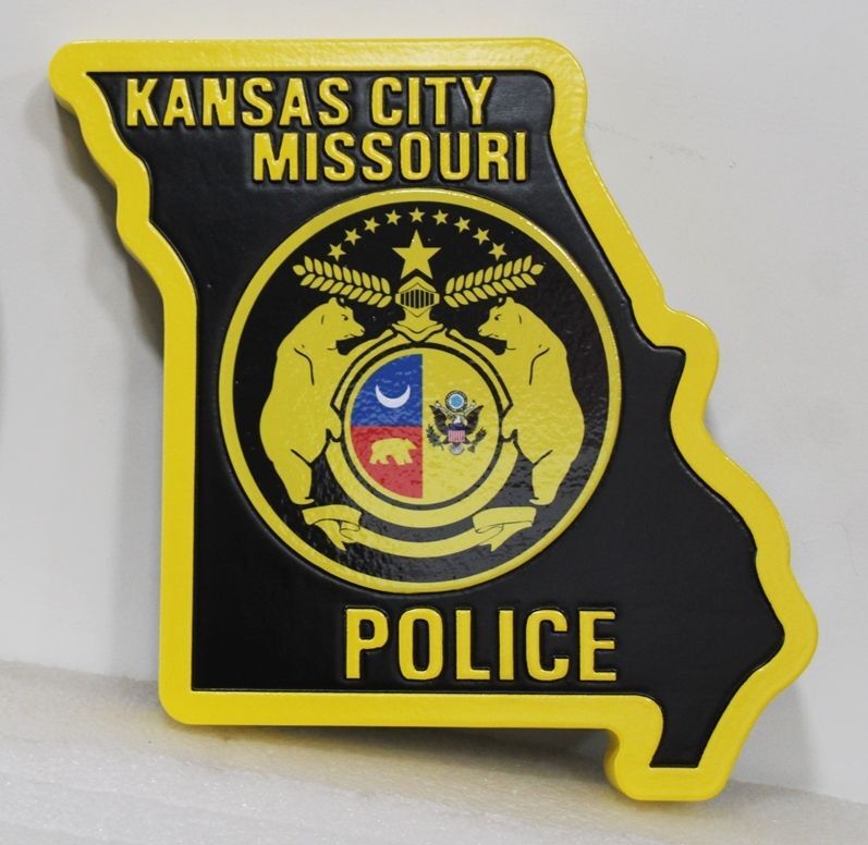 PP-3403 - Carved 2.5-D Multi-Level Plaque of the Emblem of the Kansas City, Missouri, Police, Featuring an Outline of the State of Missouri