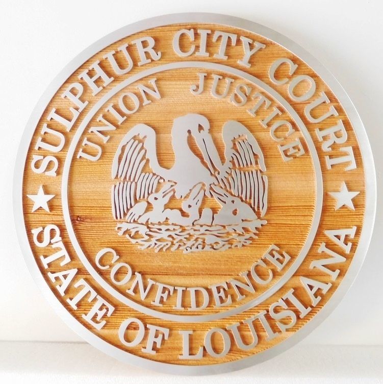HP-1100 - Carved Plaque of the Seal of the Sulphur City Court, Louisiana, Aluminum  on Cedar Wood