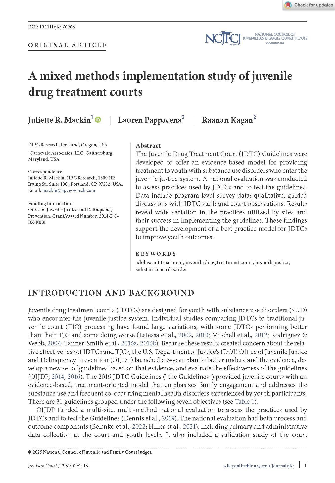A Mixed Methods Implementation Study of Juvenile Drug Treatment Courts (JDTCs)