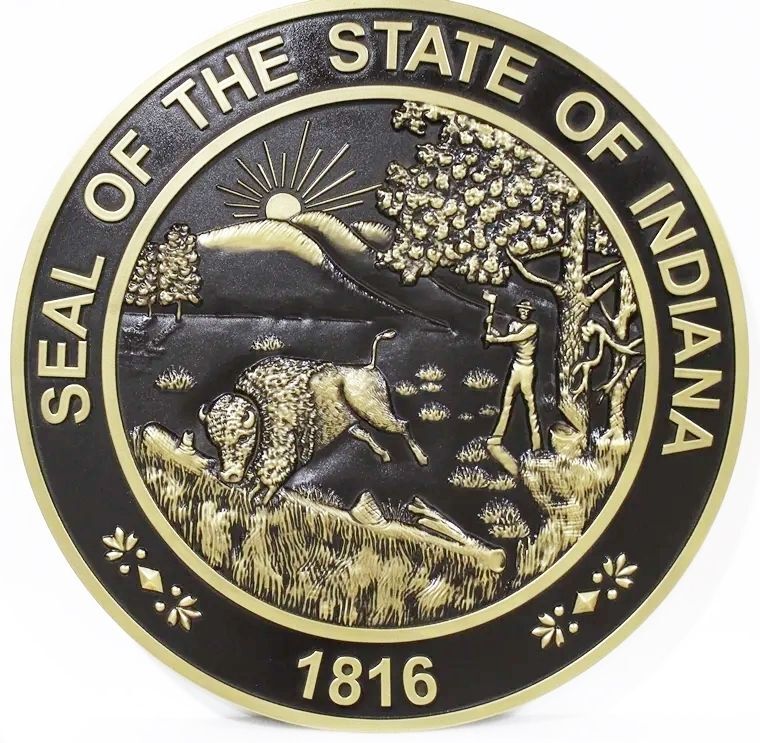 BP-1214 - Carved 3-D Bas-Relief Brass-Plated HDU Plaque of the Seal of the State of Indiana, with Hand-Rubbed Black Enamel .