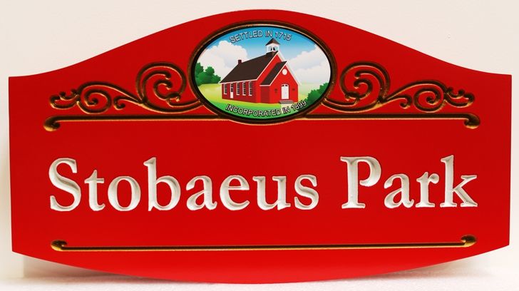 GA16425 - Carved Engraved High-Density-Urethane (HDU)  Sign for Stobaeus Park, with Artist Painting of Old Town Hall