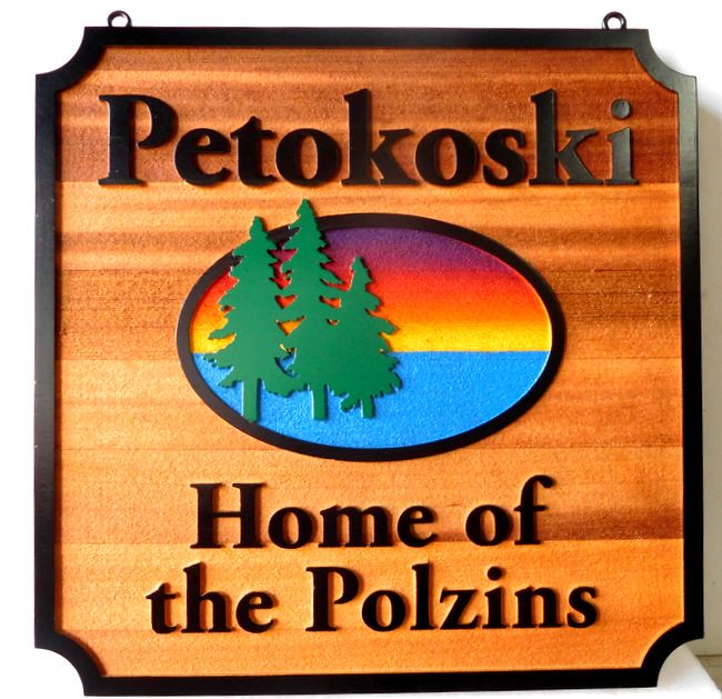 M22376 -  Carved Cedar Wood Side for Cabin "Petokoski", with Lake, Setting Sun and Fir Trees