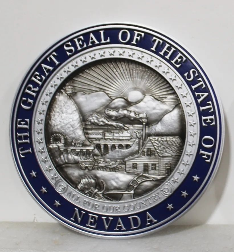 TA1038 - 10 ft diameter aluminum-plated wall plaque of the State of Nevada's  Great Seal,   carved in 3-D bas-relief