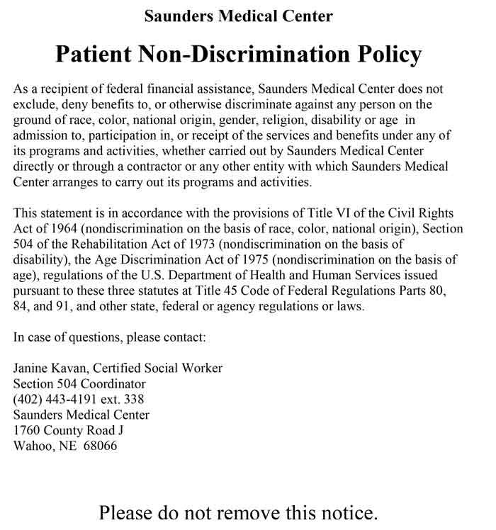 Non Discrimination Policy Hospital Forms & Links Saunders Medical