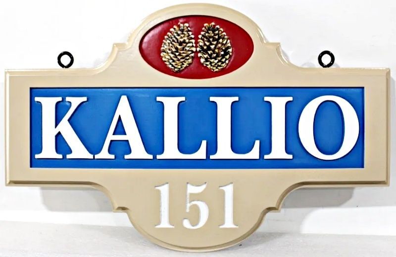 M22125 - Carved and Engraved Property Name and Address Sign for "Kallio" with Pinecones as Artwork