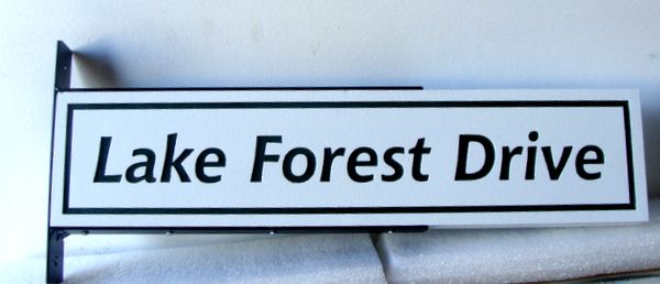H17046 - Carved Engraved HDU Street Name Sign, Lake Forest Drive, with Steel Side Bracket for Mounting on a Post