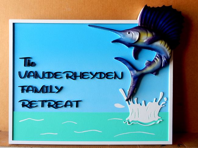 L21364 - Sign for Family Retreat with Ocean and Leaping Sailfish