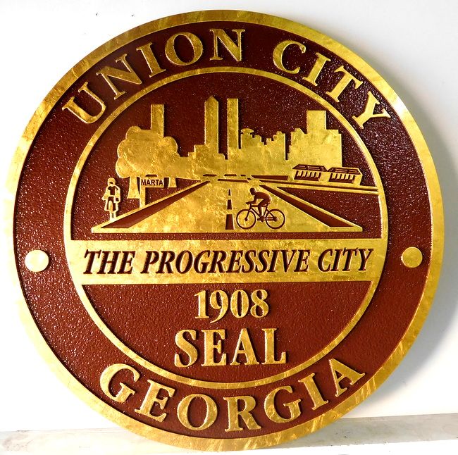 M7338- Gold-Leaf Gilded Plaque of the Seal for Union City, Georgia.