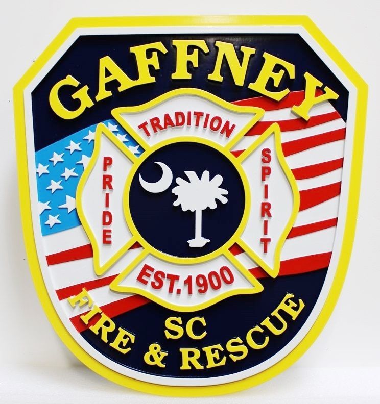 QP-2115 - Carved and Artist-Painted High-Density-Urethane Plaque of  the Shoulder Patch of the Fire & Rescue Department of Gaffney, South Carolina, with the US Flag as Artwork