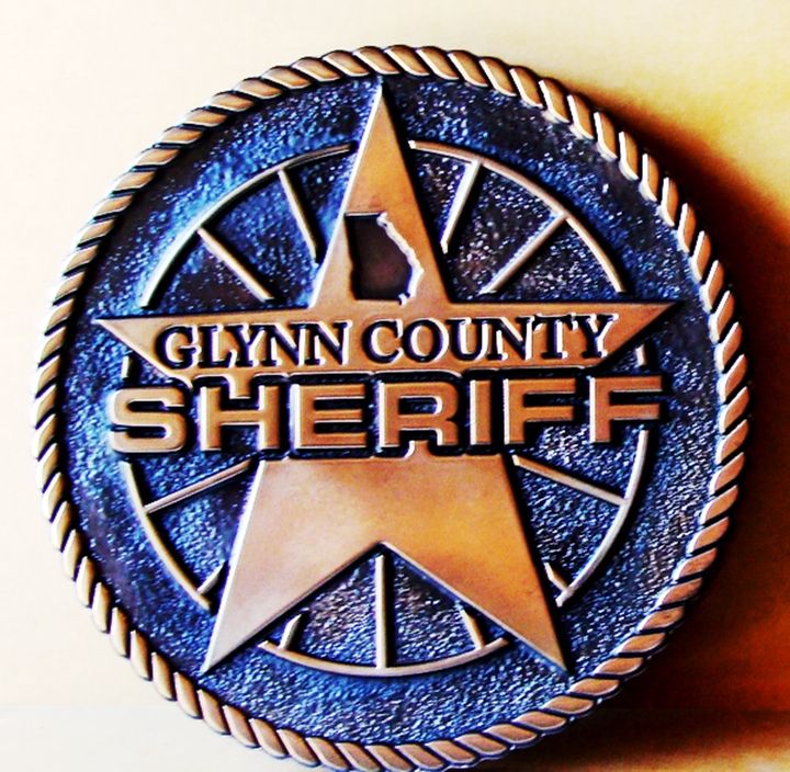 PP-3380 - Carved Wall Plaque of the Seal of the Glynn County Sheriff Department, Georgia, Bronze Plated