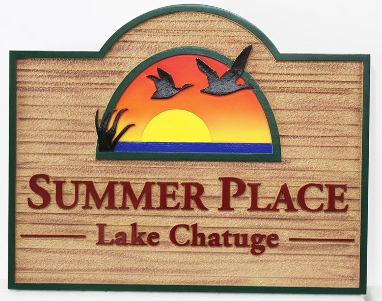 M22381 - Carved 2.5-D HDU Property Name Sign "Summer Place- Lake Chatuge", features a Setting Sun over the Ocean and Birds in Flight