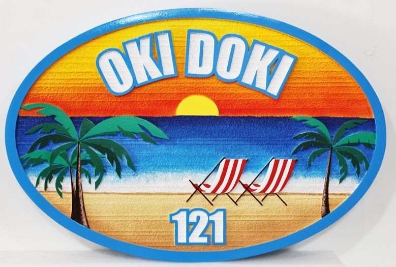 L21018A - Carved Beach House Sign, "Oki Doki” , features Palm Trees, Two Beach Chairs , and  the Setting Sun