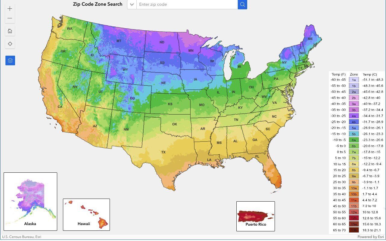 The USDA's 2023 plant hardiness zone map. 