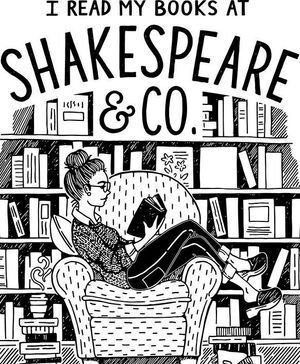 The Shakespeare & Co. logo with a woman reading a book in chair in front of a bookcase