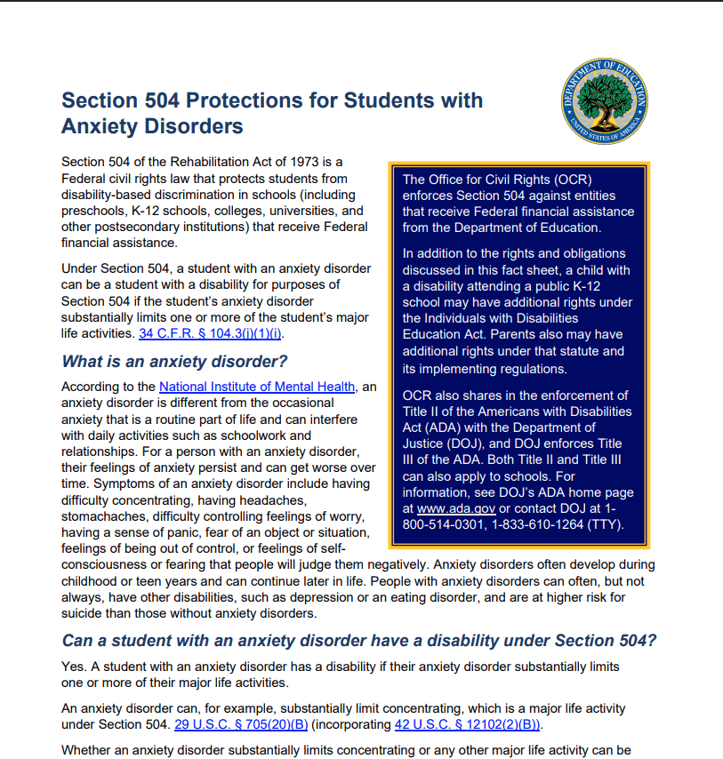 Section 504 Protections for Students with Anxiety Disorders