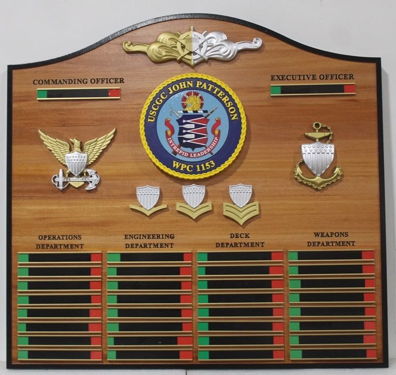 NP-2696 - Carved Mahogany Ship's On-Duty Status Board for USCGC John Patterson, WPC 1153