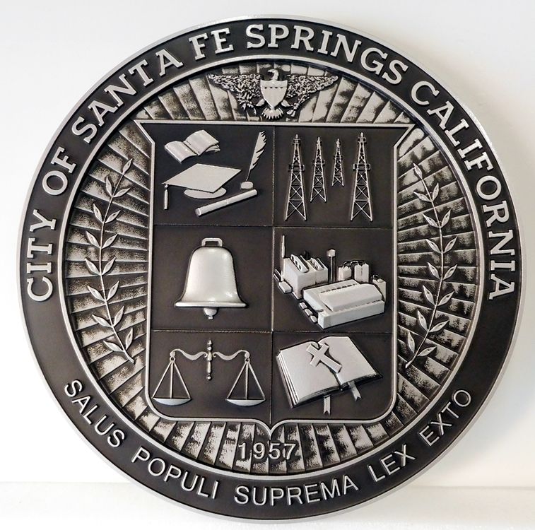 DP-2080- Carved Plaque of the Seal of the City of Sante Fe Springs, California,  Painted Silver Metallic with Hand-Rubbed Black