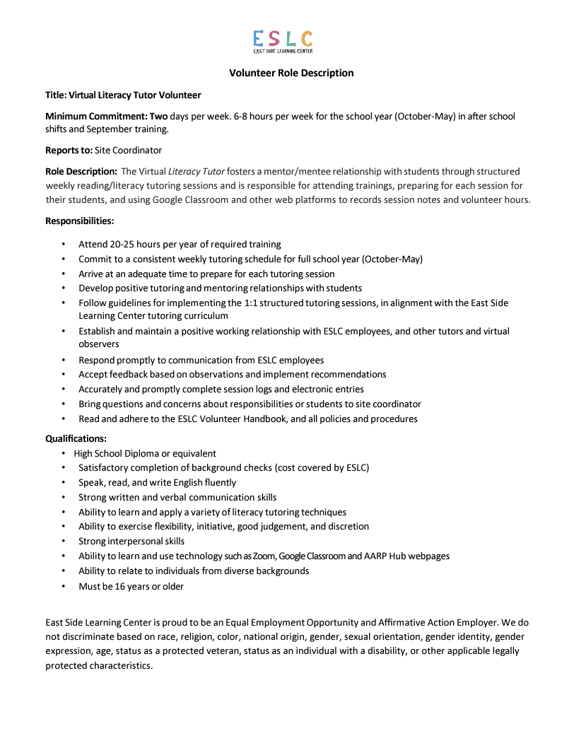 Virtual Tutor Job Description