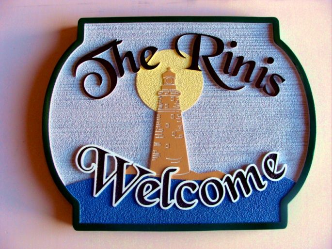 L21426- Carved and Sandblasted HDU Beach House Welcome Sign with Lighthouse 