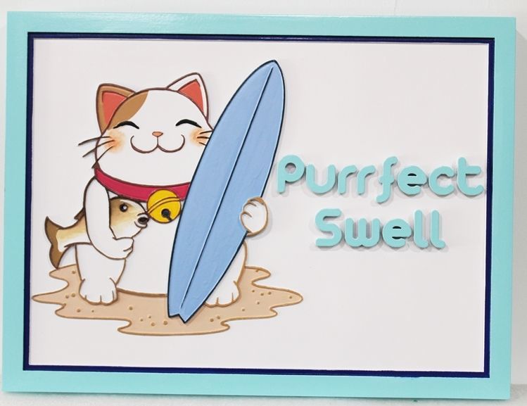 L21716A  - Carved 2.5-D Multi-level Raised Relief HDU  Sign "Purrfect Swell" , with a Cat Holding a Surfboard as Artwork