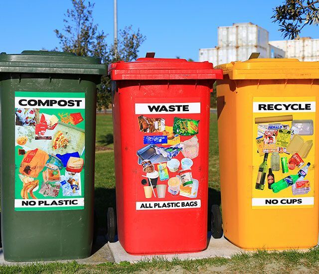 Compost, Waste, and Recycling Bins.