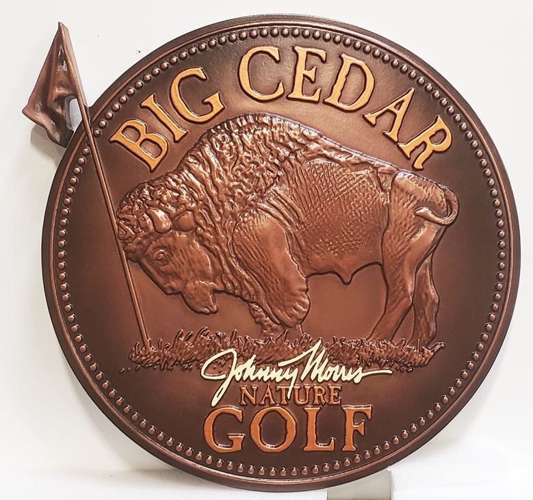 VP-1351 - Carved 3-D Bas-Relief HDU Plaque of the Logo of Big Cedar Golf , with an American Bison as Artwork  