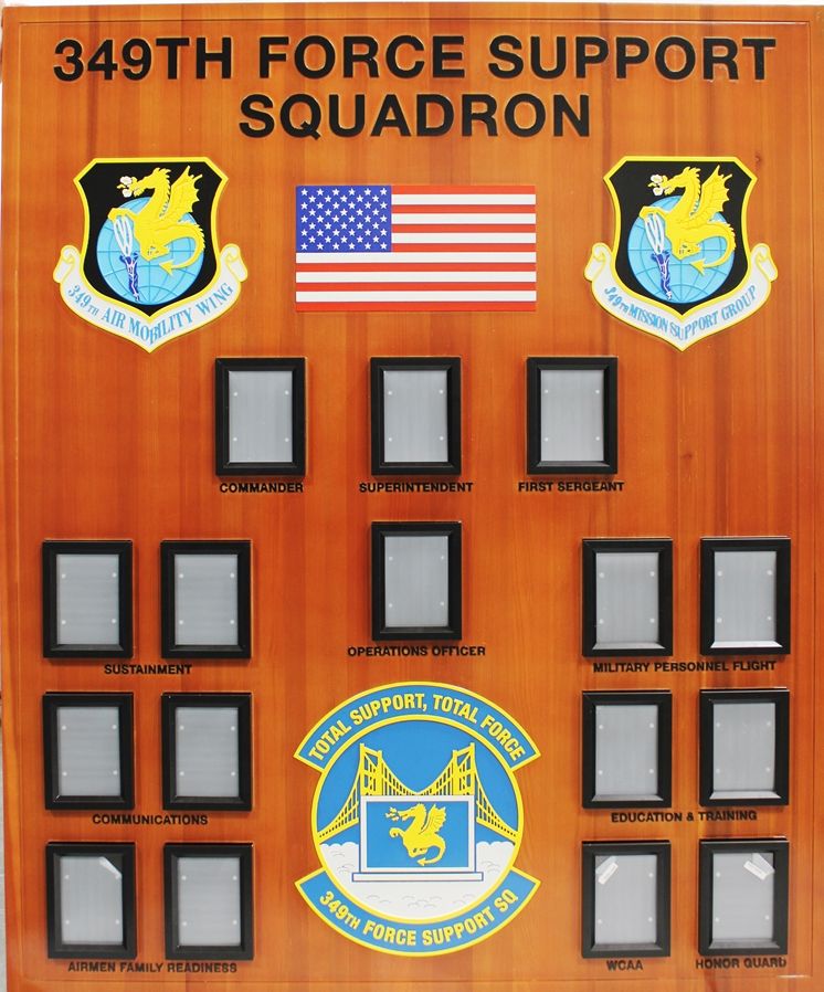 LP-9010 - Carved Redwood Chain of Command Photo Board for the US Air Force's  349th Support Squadron