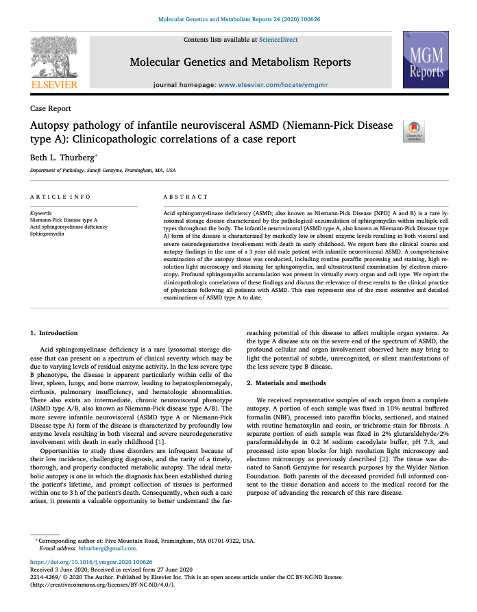 Autopsy pathology of infantile neurovisceral ASMD (Niemann-Pick Disease type A): Clinicopathologic correlations of a case report