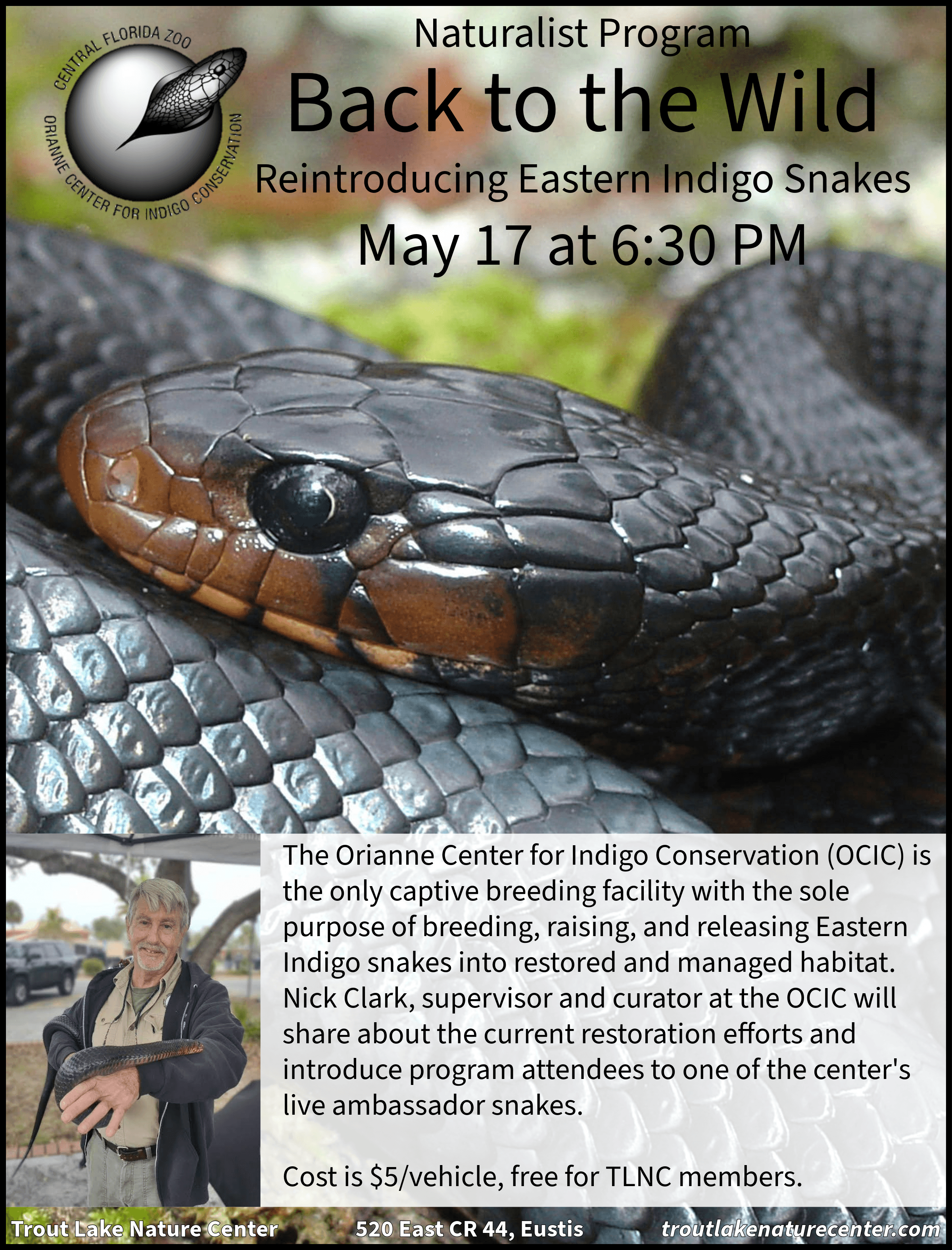 Event flyer with an indigo snake and event details.