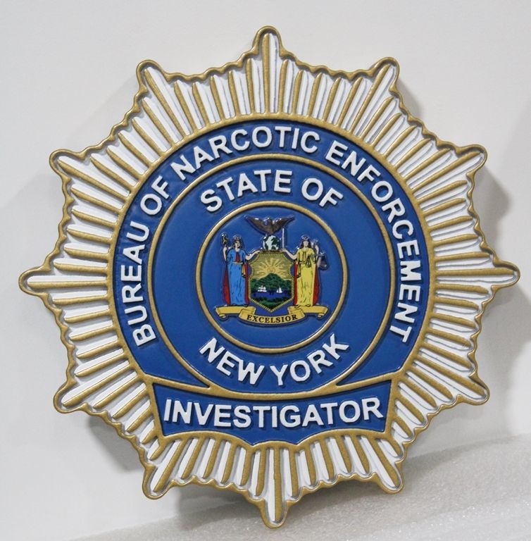 PP-1626 - Carved 2.5-D Raised Relief HDU Plaque of the Badge of an Investigator, New York Bureau of Narcotic Enforcement 
