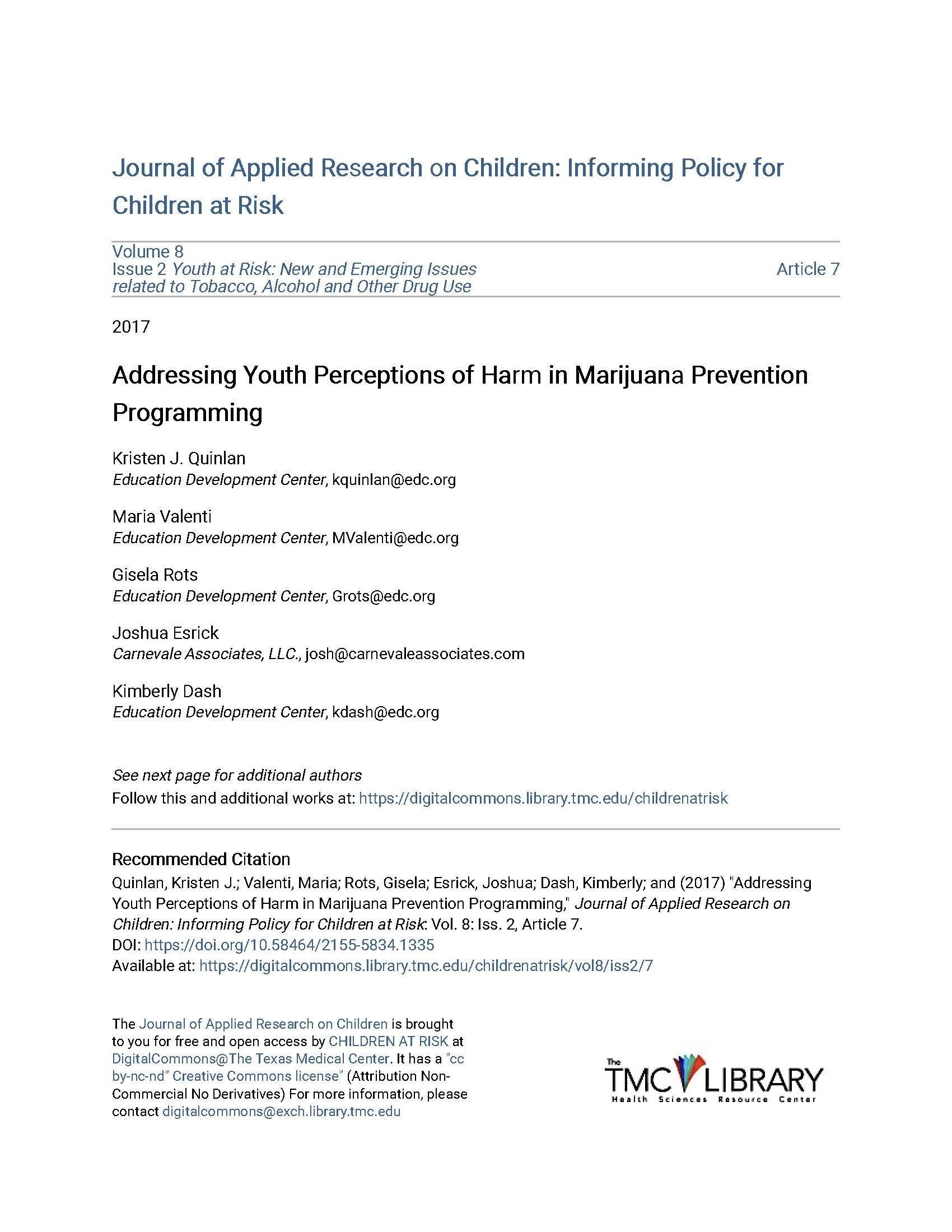 Addressing Youth Perceptions of Harm in Marijuana Prevention Programming