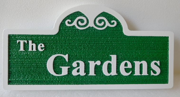 GA16433 - Carved, Sandblasted Wood Grain Pattern, HDU Sign for "The Gardens", 2.5-D Artist-Painted