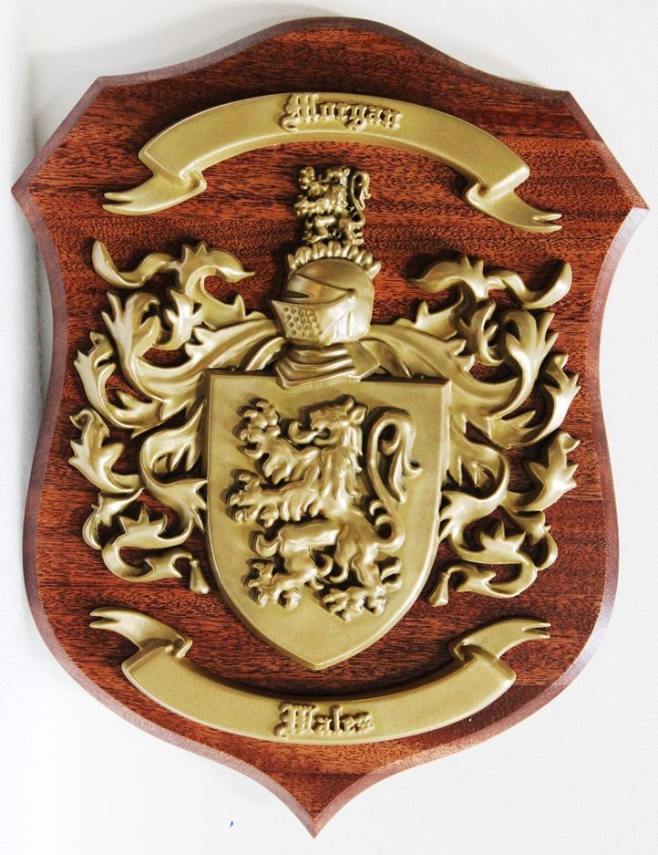 XP-2008 - Carved Plaque Coat-of-Arms with Helmet and Rampant Lion, on Mahogany Wood Shield, 3-D 