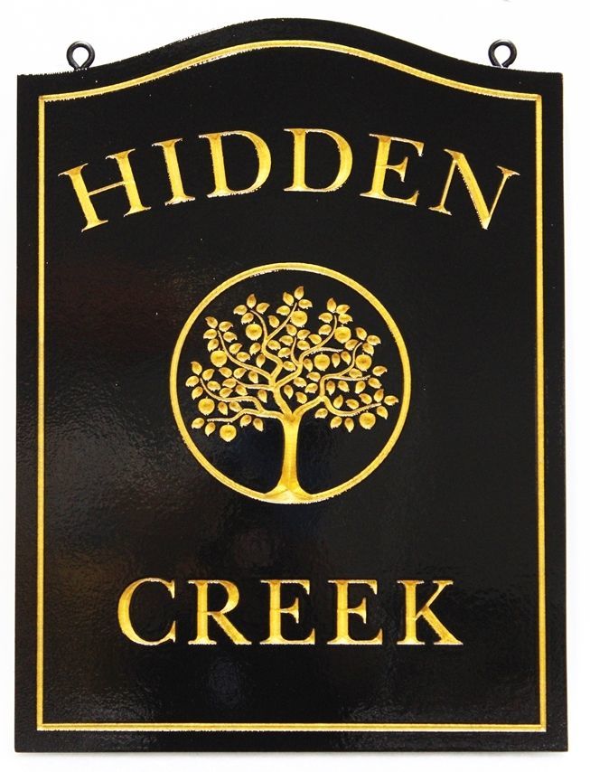 M22123 - Engraved  HDU Property Name  Sign "Hidden Creek ", with 24K Gold Leaf Gilded Text and Border, and Artwork, a Tree