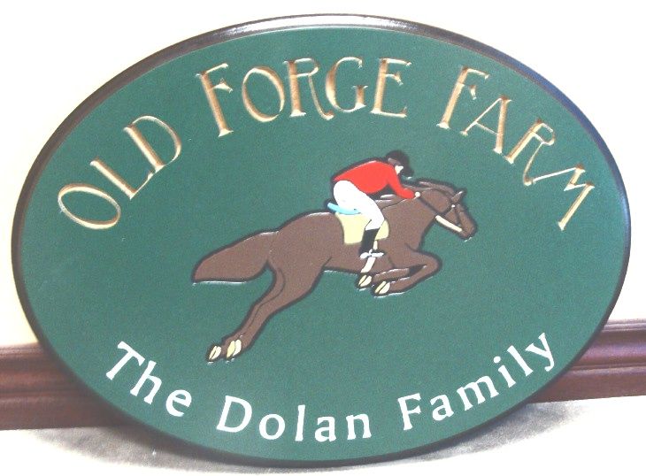 O24214 - Equestrian  Sign for Old Forge Farm,  with Horse and Rider Jumping