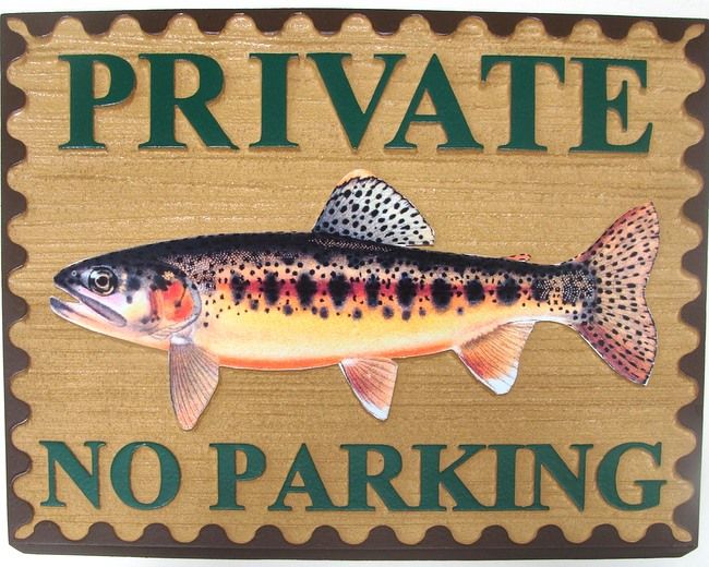 H17337- Carved and Sandblasted Cedar Wood  "No Parking" Sign, with Artist-Painted Fish 