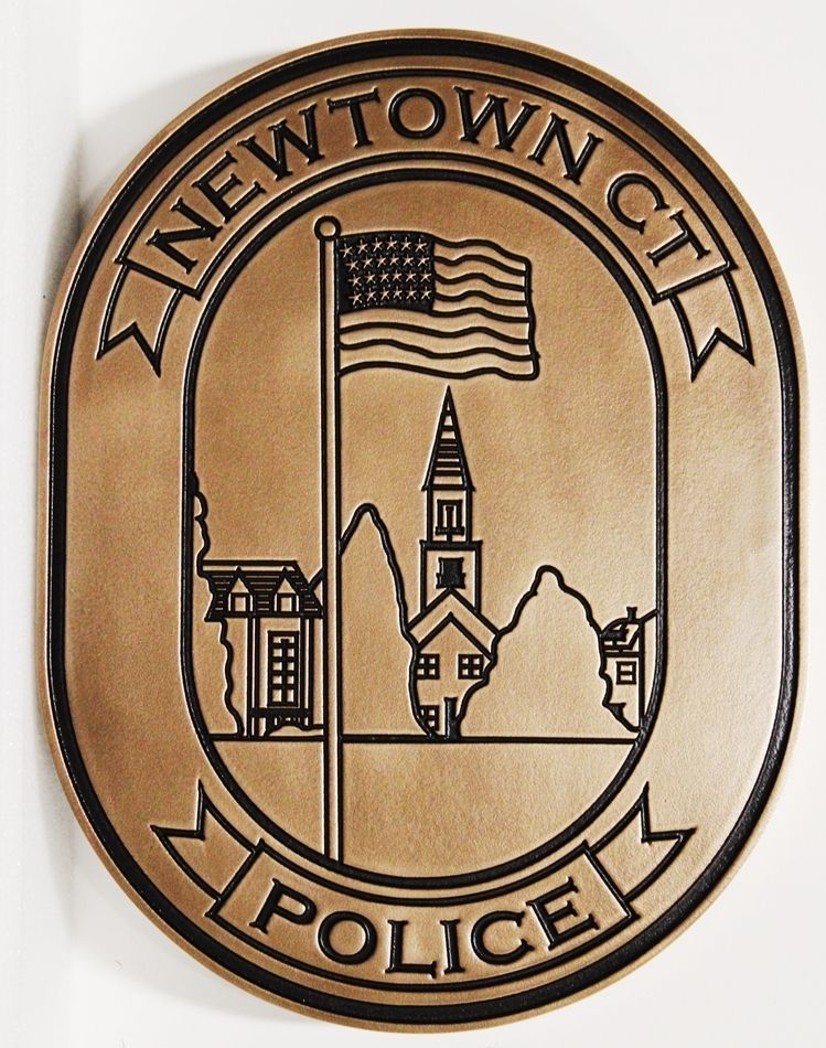 PP-2396 - Engraved Bronze-Plated HDU Plaque of the Shoulder Patch of the Police Department of Newtown, Connecticut